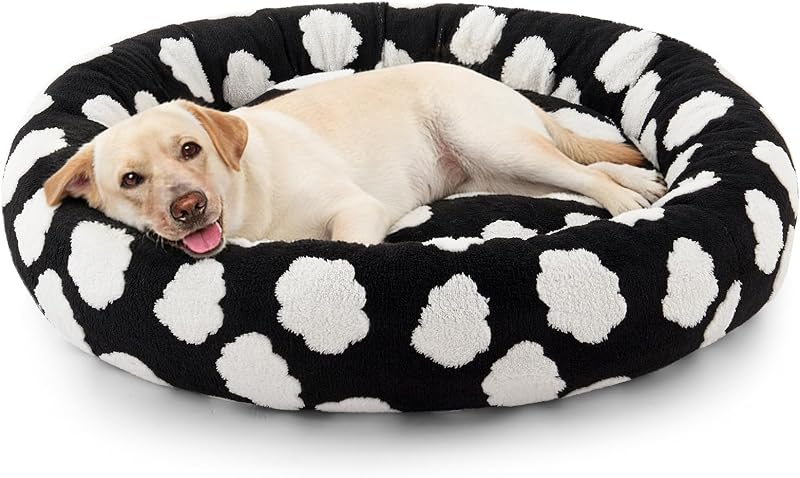 Cama redonda tipo donut para cães JOEJOY, pelúcia Jacquard, capa removível lavável, preta, 91,44 x 91,44 x 20,32 cm