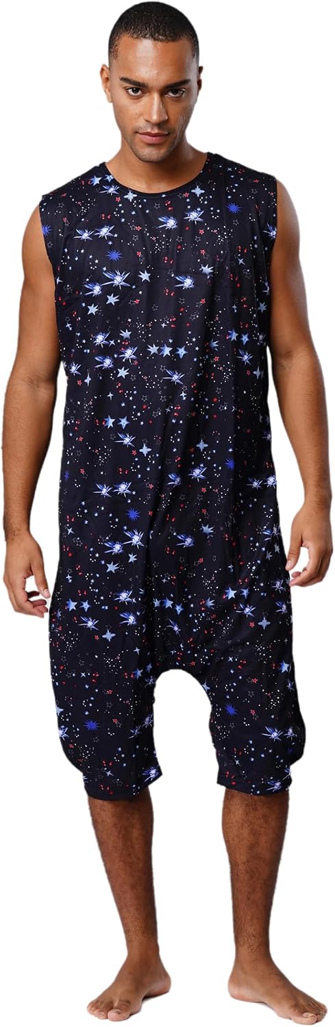 Men's Loose Romper Zipper Crotch Shirt Bodysuit Henley Jumpsuit One Piece Pajamas Tops