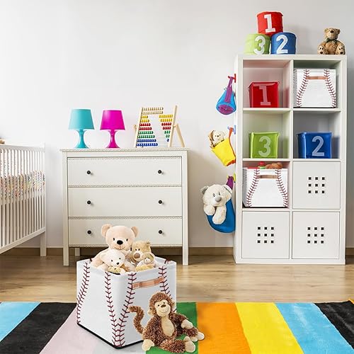 Miniatura 7 de Cesta de almacenamiento cuadrada de béisbol, caja de almacenamiento plegable, cesta de ropa de 13 x 13 pulgadas, cubo grande con mango de piel
