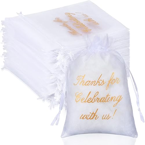 Miniatura 8 de 100 bolsas de agradecimiento transparentes, de organza con cordón, bolsas de regalo de fiesta de boda con cordón de agradecimiento por celebrar con