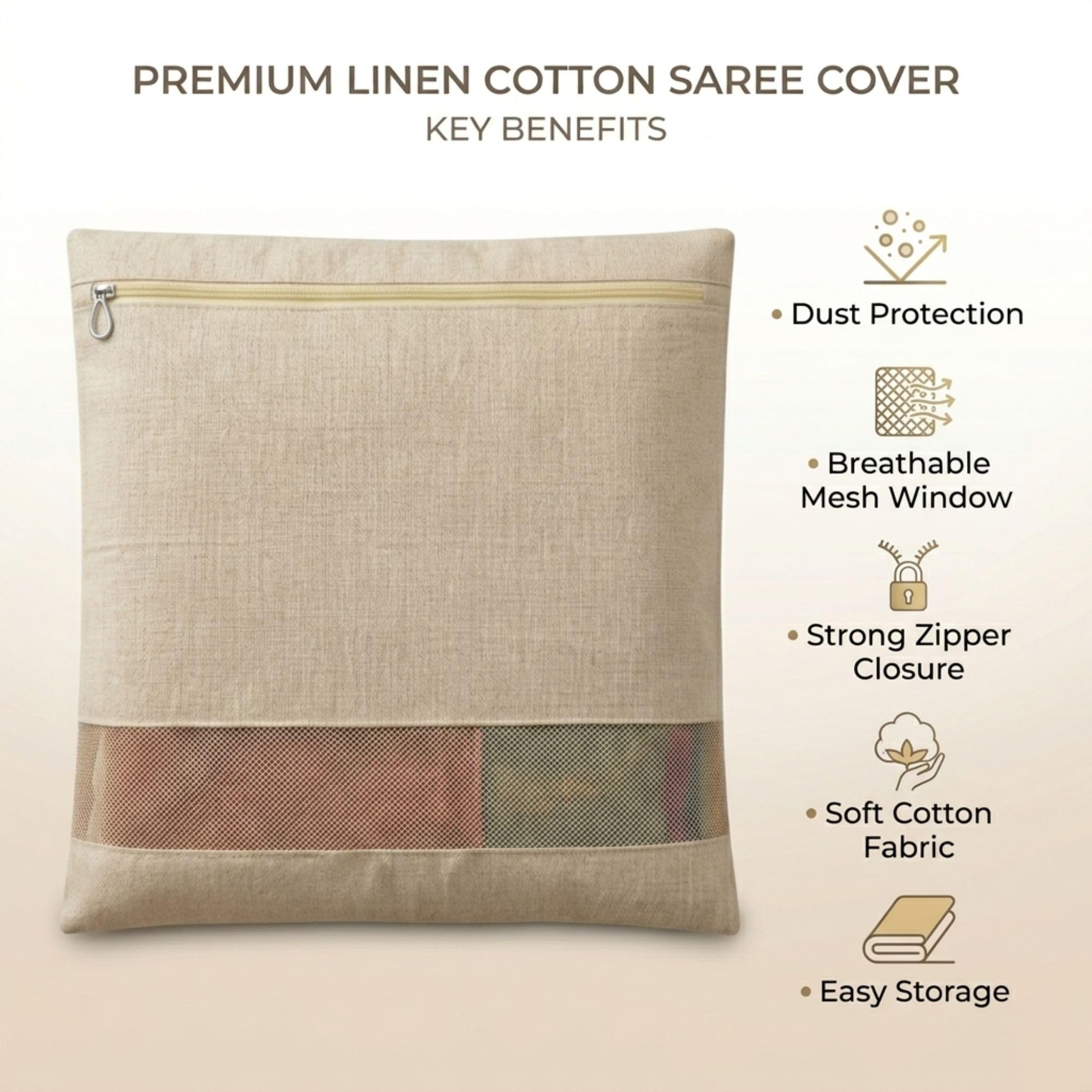 Cotton Saree Cover Bags Set of 12– Breathable Clothes Storage Organizer for Saree, Garments | Foldable Zip Wardrobe Bags with Transparent Mesh Window | Dustproof Closet & Travel Use 3