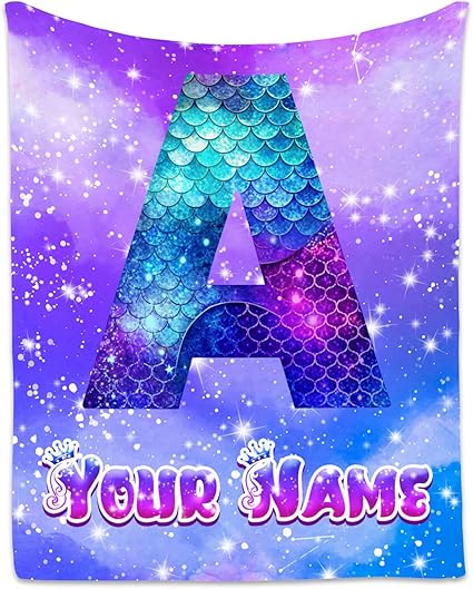 Mermaid Blanket for Girls - Personalized Mermaid Gifts for Kids - Custom Flannel Soft Cozy Blankets with Name - Fuzzy Initial Throw for Sofa, Living Room