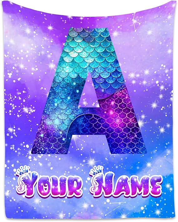 Mermaid Blanket for Girls - Personalized Mermaid Gifts for Kids - Custom Flannel Soft Cozy Blankets with Name - Fuzzy Initial Throw for Sofa, Living Room