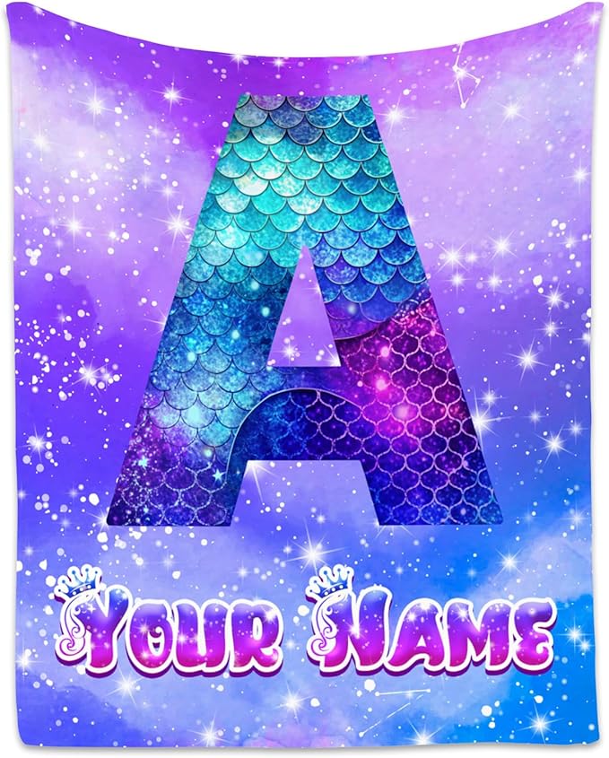 Mermaid Blanket for Girls - Personalized Mermaid Gifts for Kids - Custom Flannel Soft Cozy Blankets with Name - Fuzzy Initial Throw for Sofa, Living Room