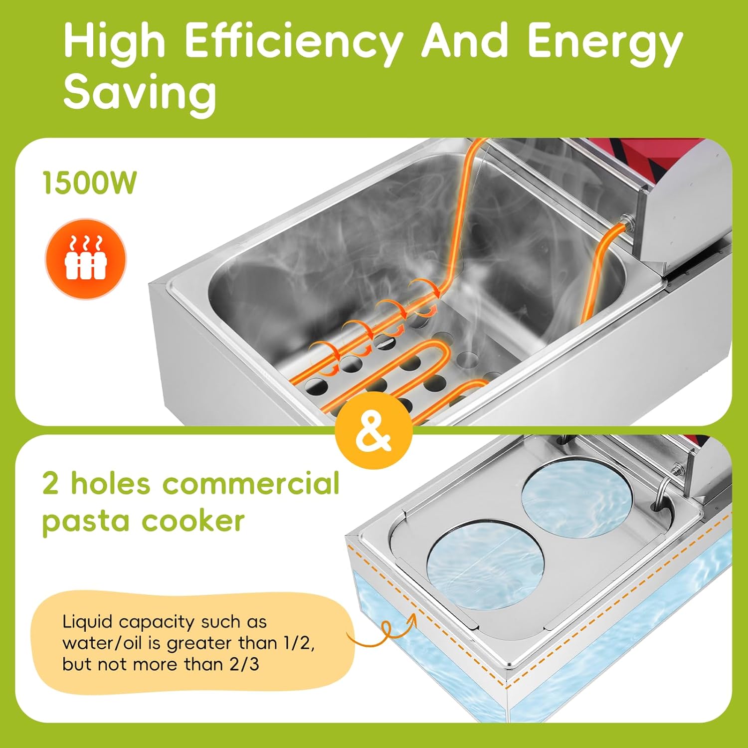 JIAWANSHUN 2 Holes Commercial Pasta Cooker,110V Stainless Steel Noodle Maker, Adjustable Temp (60-200℃/140-392°F), Fast Cooking for Restaurant Dumplings Vegetables