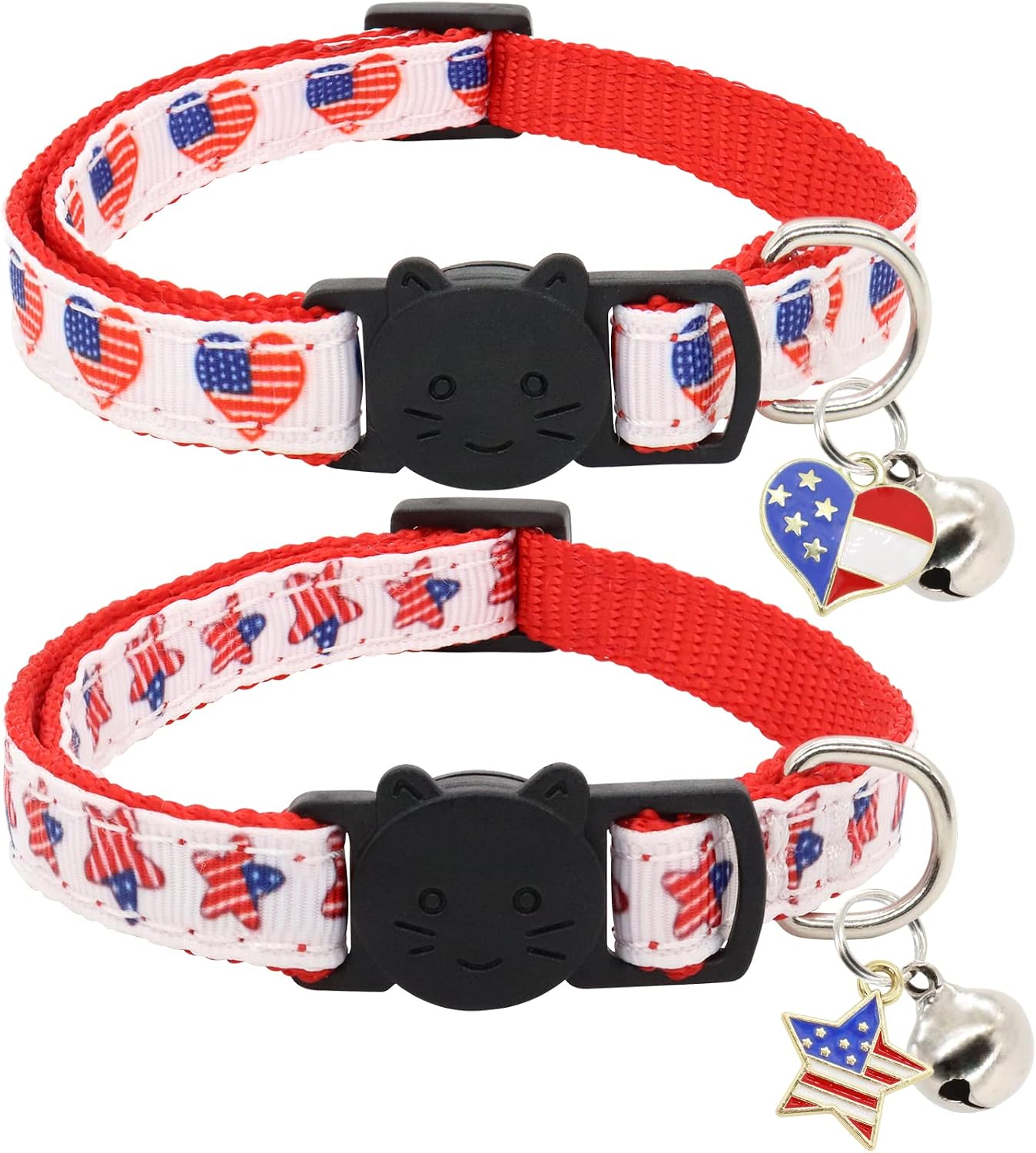 Giecooh 2 Pack Breakaway Cat Collar with Bells,American Flag Adjustable Kitten Safety Collars for Boys & Girls, Star+Heart