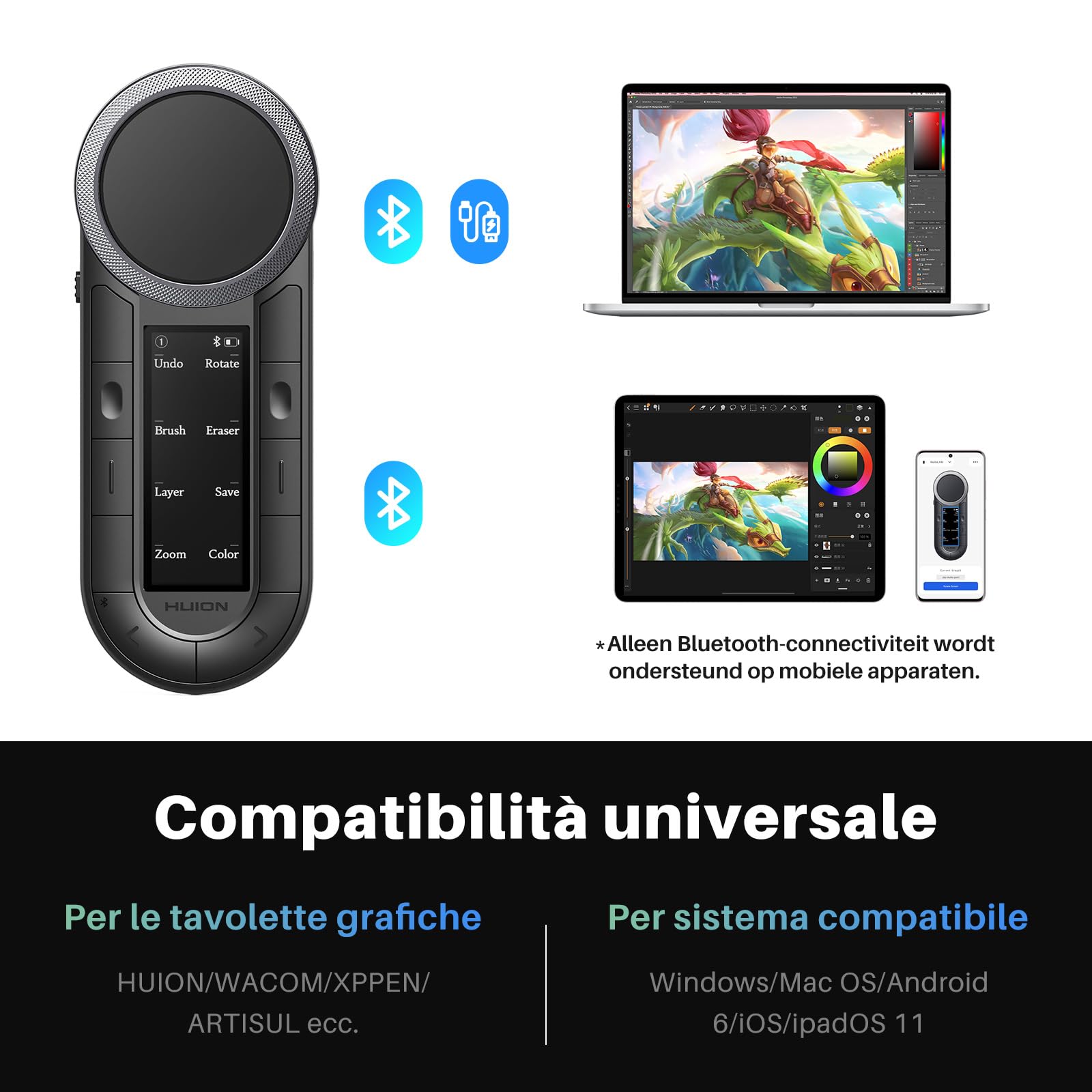 HUION Keydial Mini K40 Telecomando Bluetooth 5.0 per Display e Tavolette Grafiche con Doppio Controller a Manopola + 10 Tasti Personalizzabili, Tastiera Portatile per PC, Tablet e Mac.
