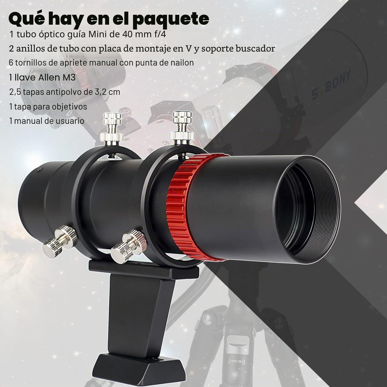Svbony SV165 Mini Anteojo Guía 40F4, 1.25 Pulgadas FMC Recubrimiento con Enfoque Helicoidal Coaxial Alineación Ajustable, Aleación de Aluminio, Compatible con ZWO QHY Auto Guía Finde Cámara
