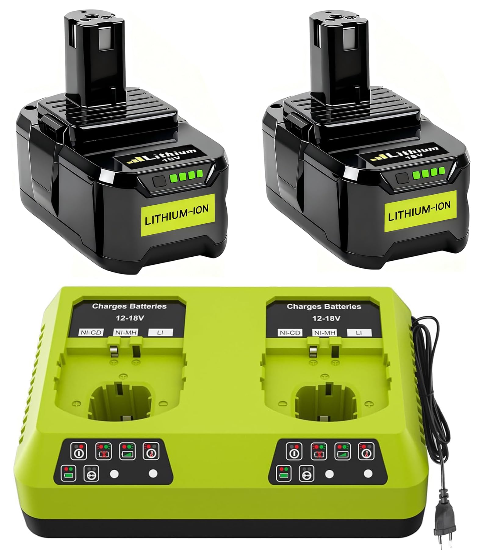 2 Pack 18V 8.0Ah/8000mAh Lithium-Batterie und P117 ladegerät für Ryobi P108 akku One+, Li-ION-Ersatzbatterie und Ladegerät für Ryobi 18V One+ P107 P108 P104 P105 P102 P103 Werkzeuge