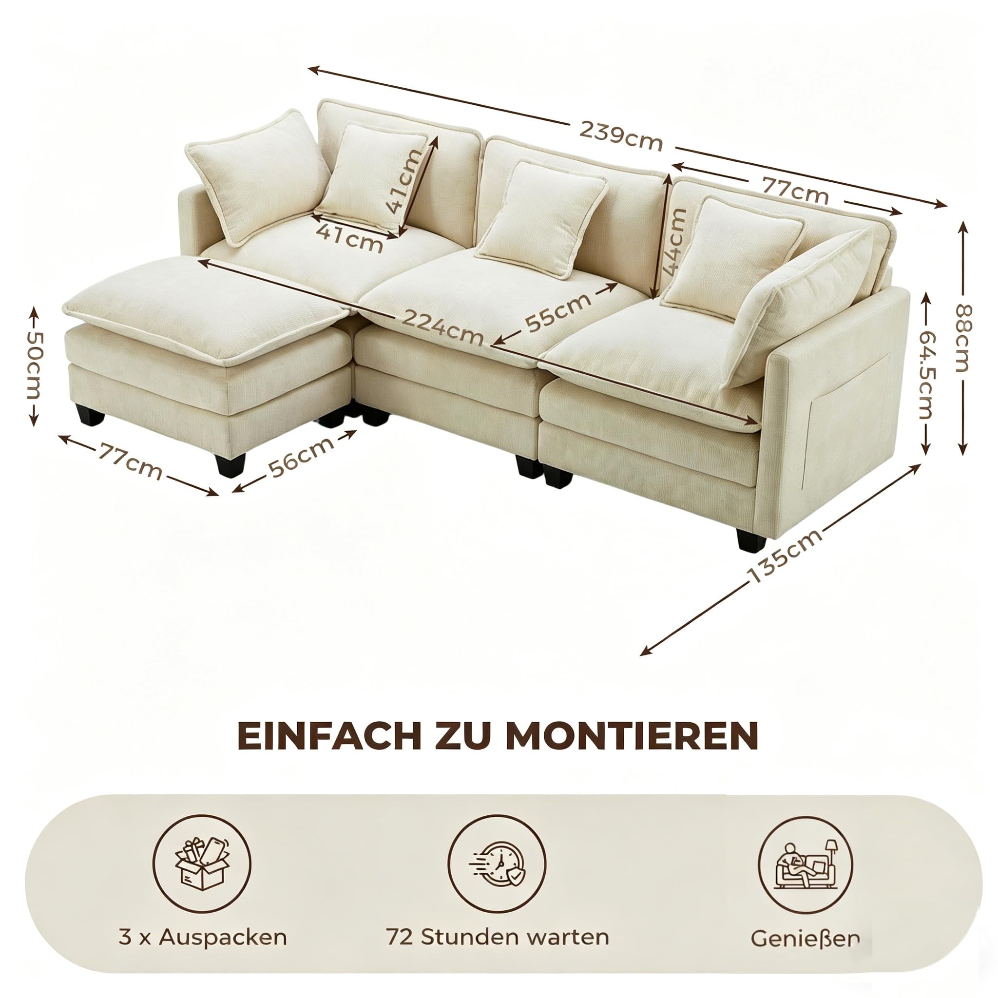 GRAVFORCE 239cm Ecksofa mit Schlaffunktion L Form 3 Sitzer Sofa mit 2 beweglichen Hockern Cloud Couch Big Sofa Modulares Sofa mit tiefer Sitz für Wohnzimmer Wohnung Büro Chenille