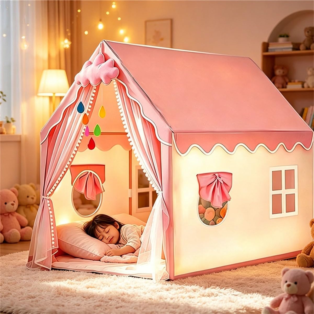 Großes Kinder Spielzelt for drinnen, rosa Prinzessinnen-Spielhaus for Mädchen, faltbares Spielzelt for Kinderzimmer