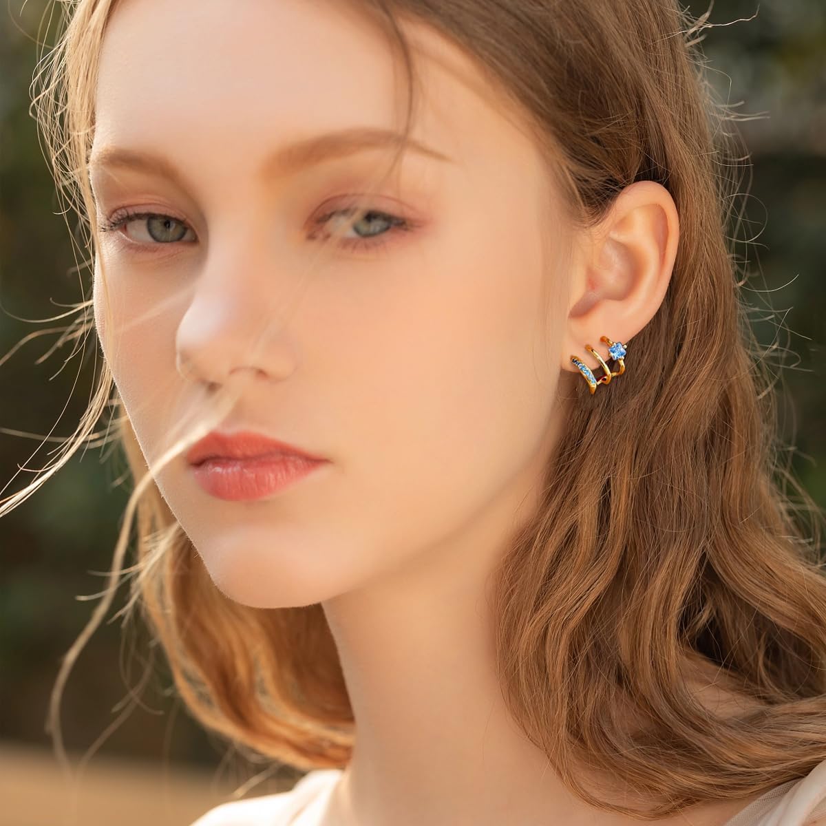 Triple Huggie Illusion Stud Earrings 14K Gold Open Hoop Birthstone Earrings with Cubic Zirconia Dainty Minimalist Huggie Claw Wrap Ear Cuffs Earrings for Women - Image 8