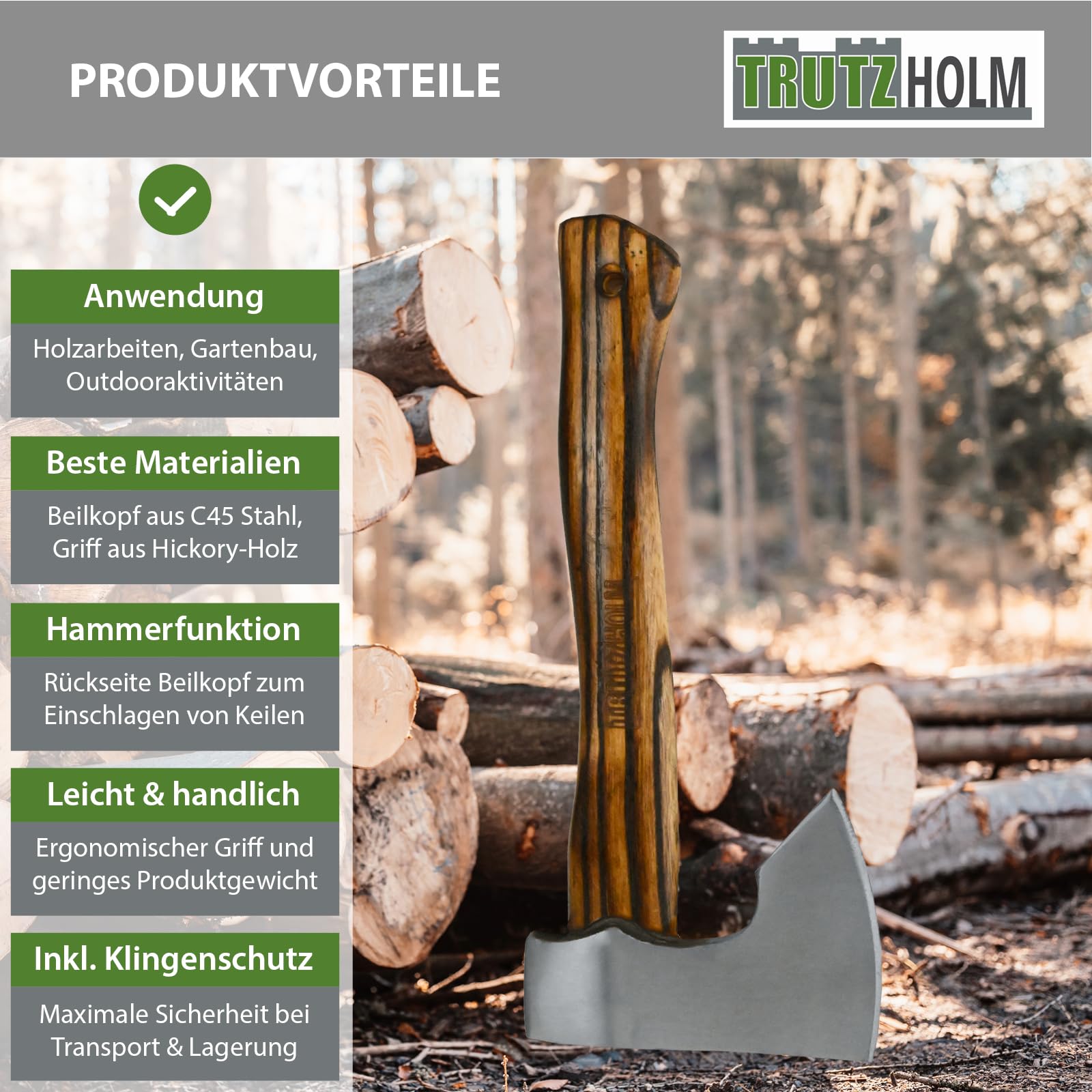 TRUTZHOLM Axt/Beil Vintage aus C45 Stahl Griff aus Hickoryholz geflammt Freizeitbeil zum Spalten von Holz, Entasten von Bäumen mit Klingenschutz aus Leder (Beil 320 mm)
