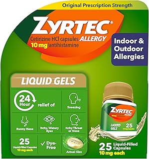 Zyrtec 24 Hour Allergy Relief Liquid Gels, Antihistamine Capsules with Cetirizine HCl Allergy Medicine for All-Day Relief from Runny Nose, Sneezing, Itchy Eyes & More, 25 Count
