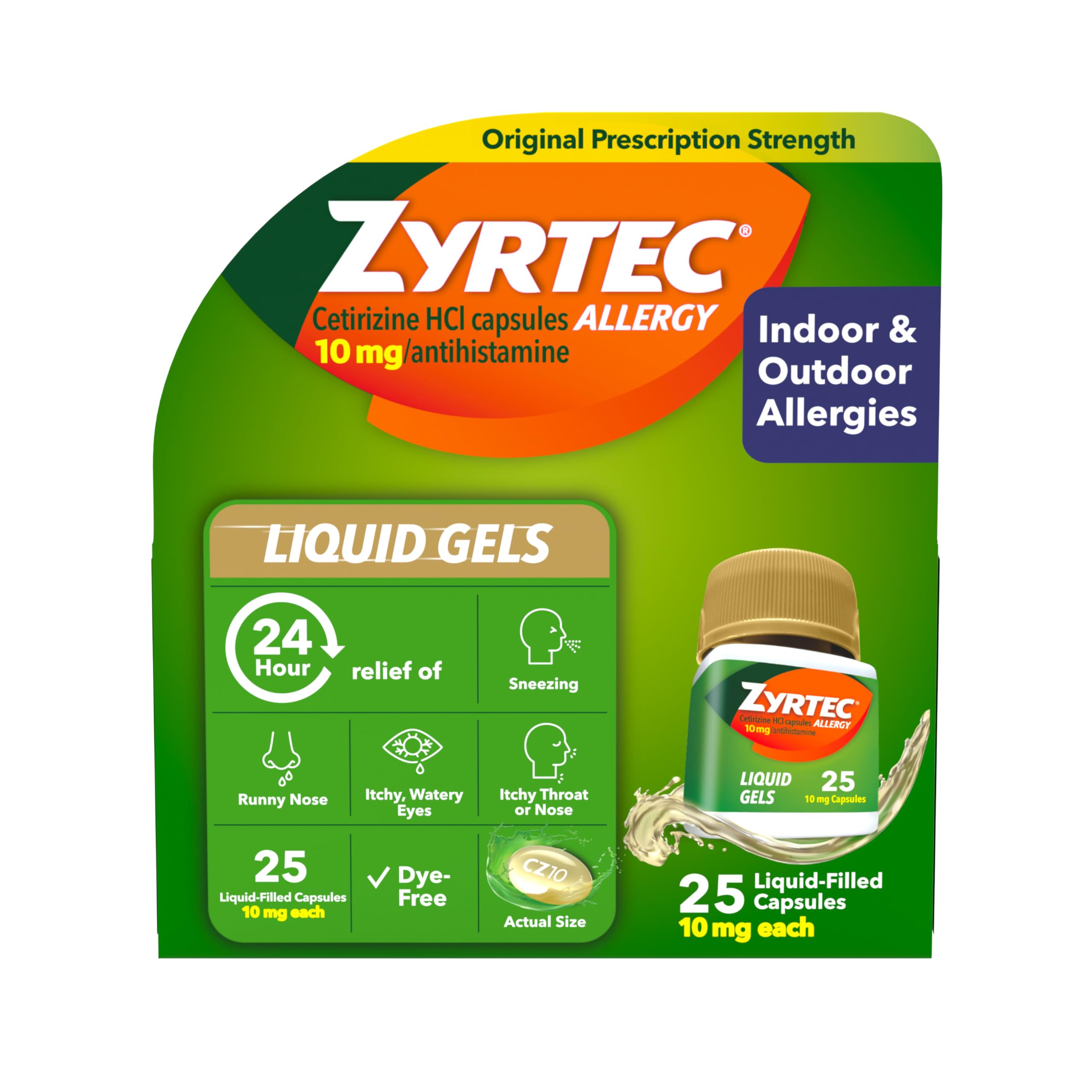 Zyrtec 24 HR Indoor & Outdoor Allergy Liquid Gels Capsules, Cetirizine HCI Antihistamine, 25 ct