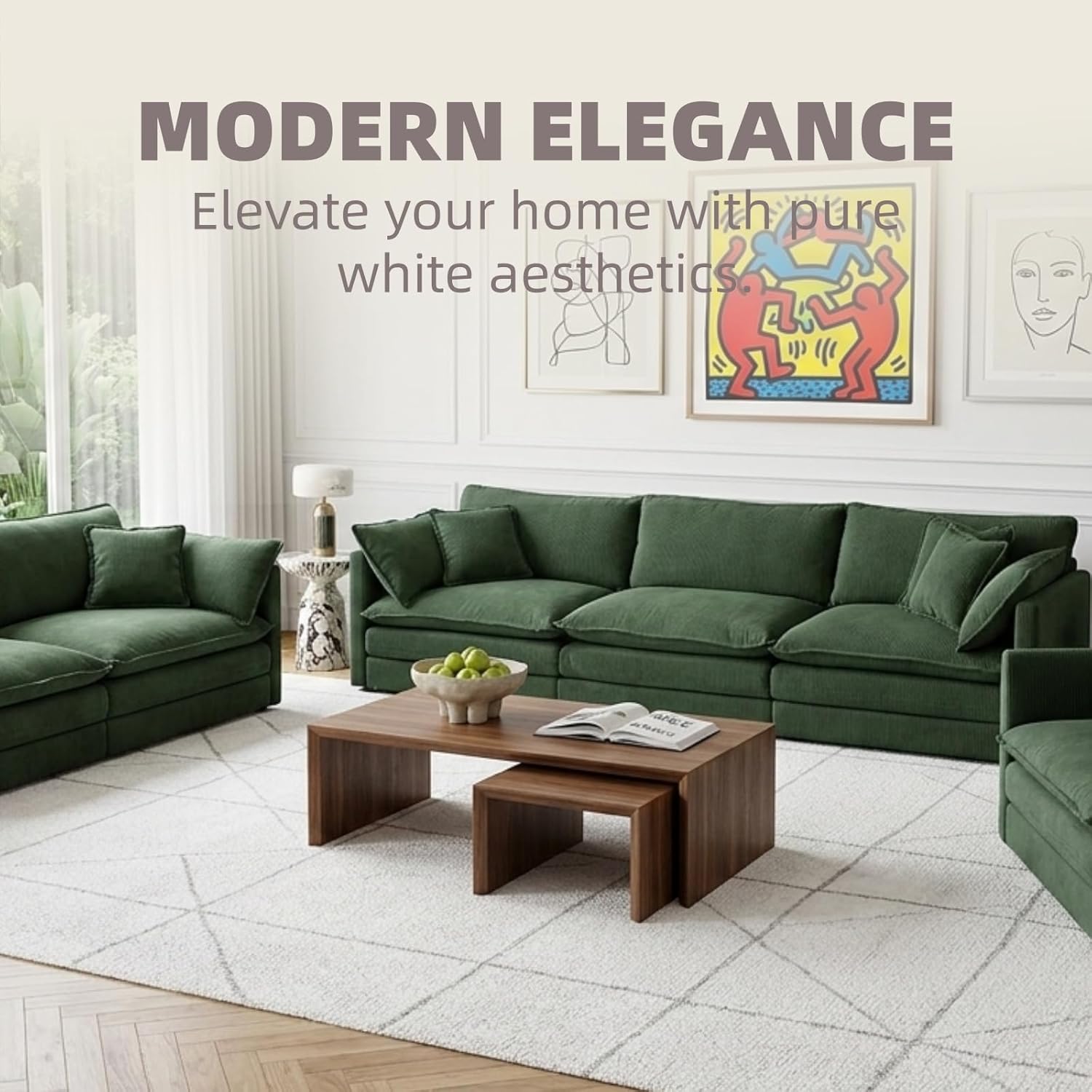 111.5" 3-Piece Living Room Sets Furniture, Modular Sofa Set, Extra Deep Seat Oversized Sectional Couch in Chenille Fabric, 3 Seater Sofa, Loveseat and Accent Chair for Living Room, Green