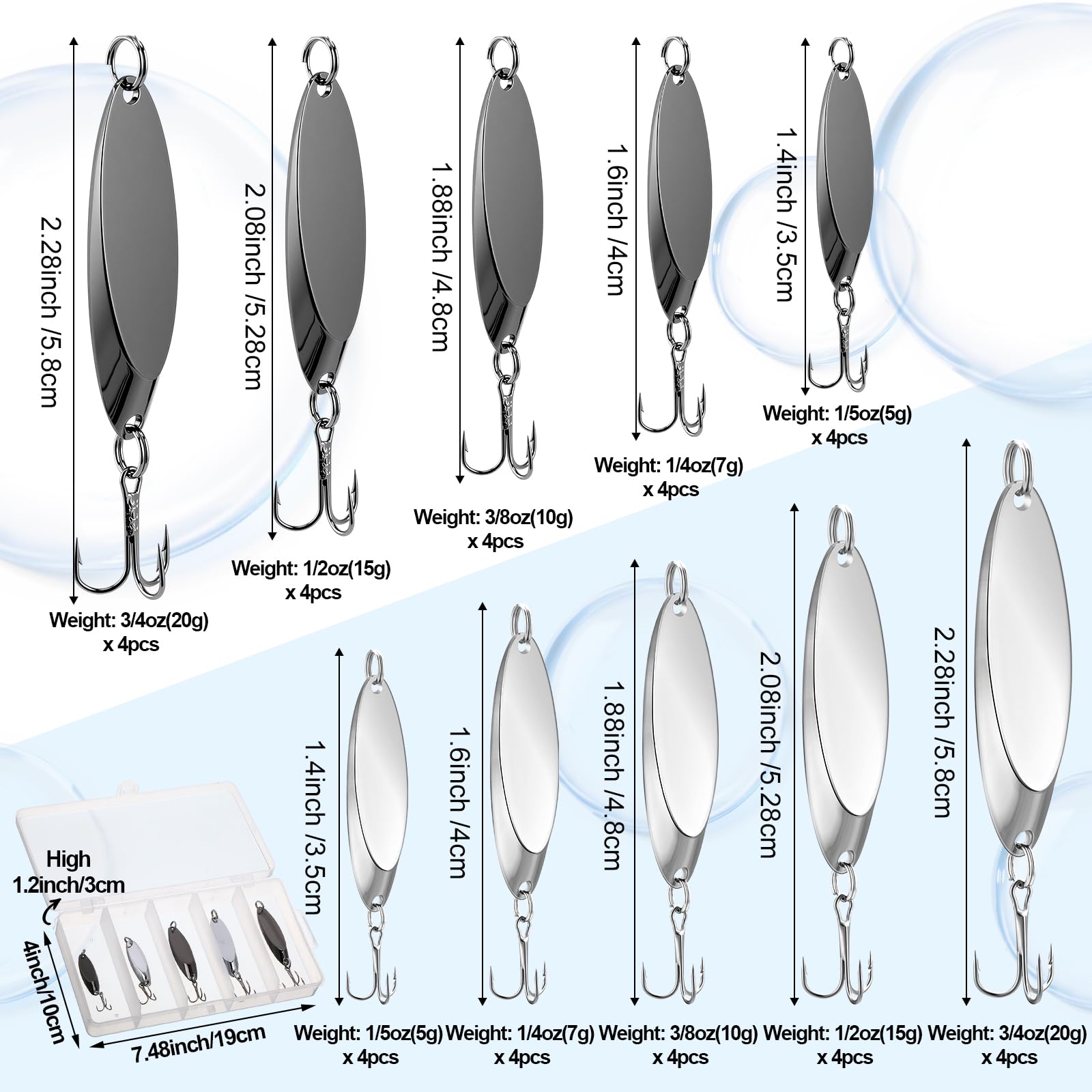 HESTYA Fishing Lures Spoons Fishing Metal Saltwater Treble Trout Lures Hard Metal Spinner Baits 5 Sizes Casting Spoon Hooks for Salmon Bass