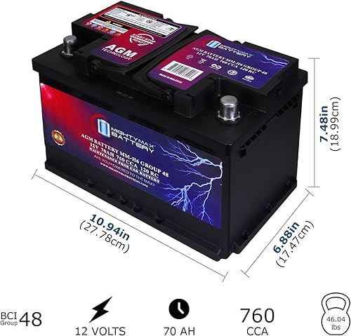 Miniatura 2 de Mighty Max Battery MM-H6 Arrancar y detener coche BCI tamaño grupo 48 12V 70 AH, 120RC, 760 CCA batería recargable AGM coche