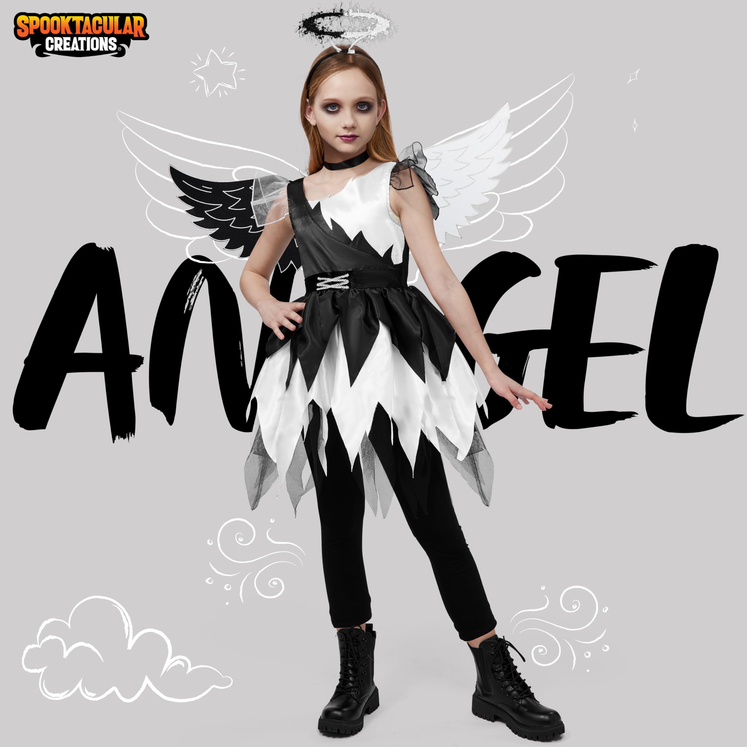 Spooktacular Creations Child Twisted Angel Costume, Girls Half Angel Half Devil Dress, Kids Outfit Set for Halloween Party - Image 2