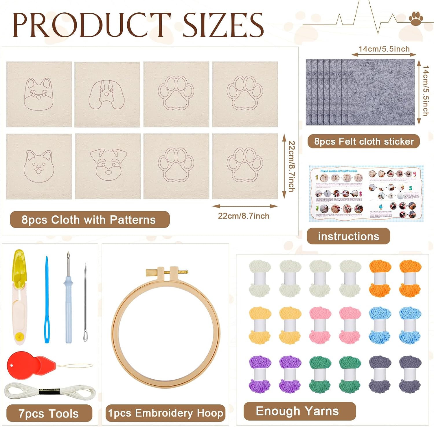 Preboun 8 Pcs Puppy Punch Needle Coaster Kit, Dog Punch Needle Embroidery Kit for Adults Beginners, DIY Felting Set Supplies Tufted Coaster Including Yarns Hoop Tools Instruction
