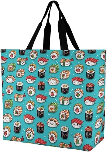 Lindo sushi Kawaii reutilizable bolsa de compras con correas para el hombro portátil plegable comestibles bolsas