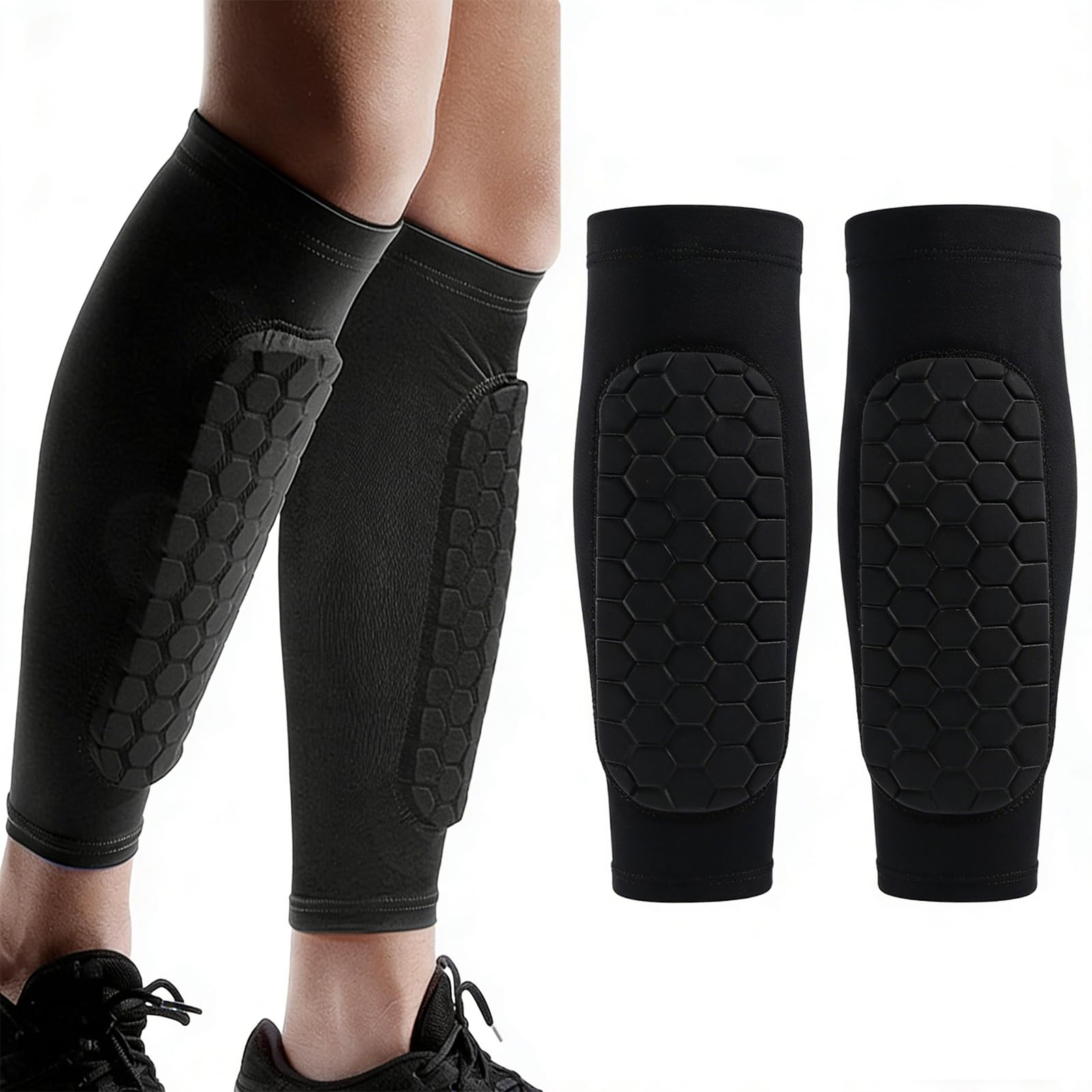 2PCS Black Shin Pads Guard Sleeves - No-Slip Football Soccer Leg Protectors with Breathable Honeycomb Design for Youth & Adult Athletic Training