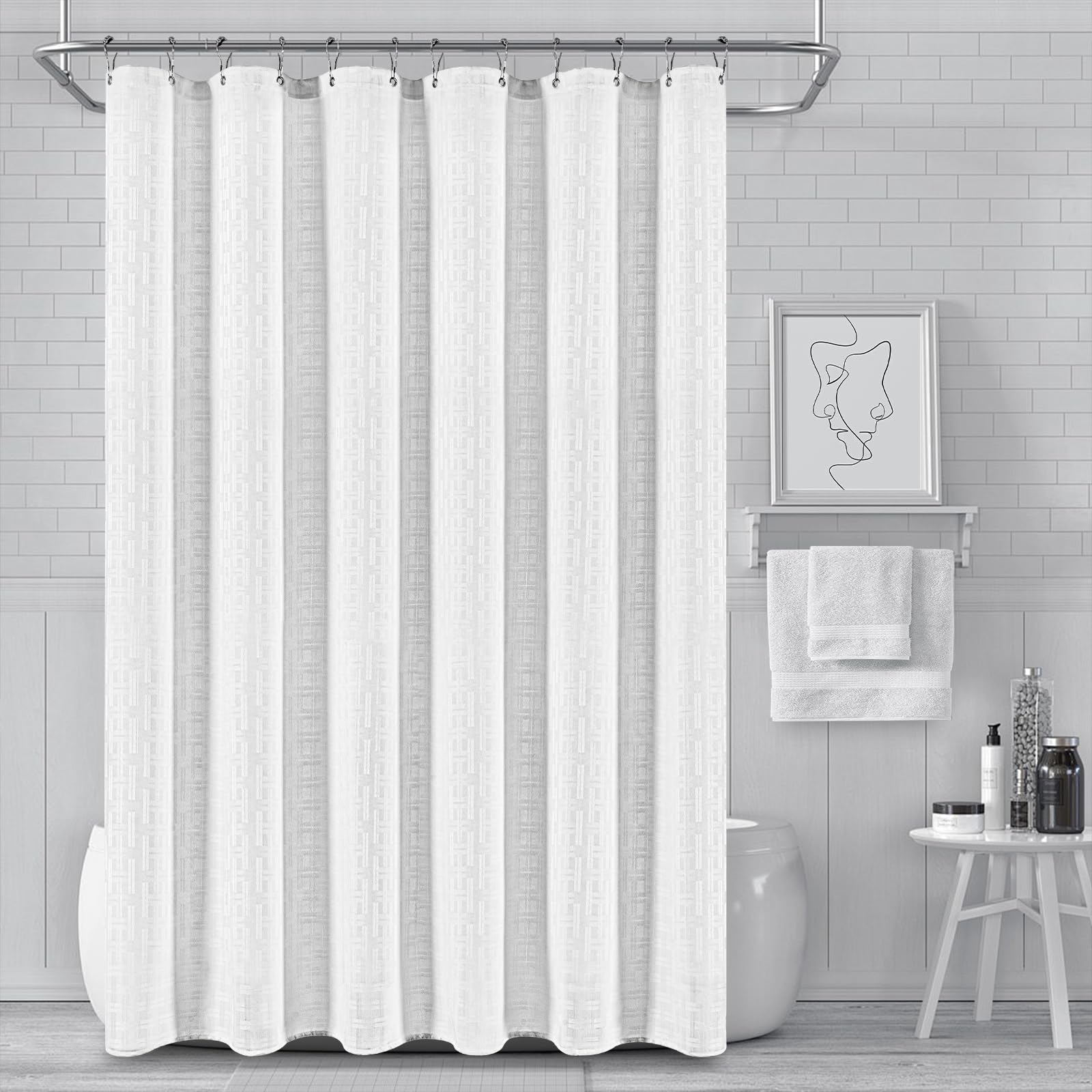 PANGSINNE White Shower Curtain 230GSM Weighted Water Repellent Shower Curtain Heavy Duty Fabric, Machine Washable Hotel Quality Bathroom Shower