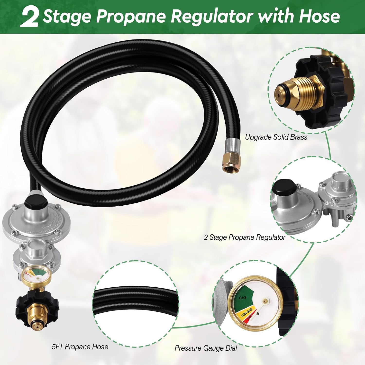 5FT 2 Stage Propane Regulator with Hose and Gauge, Standard POL Connection to 20-100 lb Propane Tanks, 100 lb Propane Tank Regulator for RV, Generators, Grill, Heaters, Gas Stoves