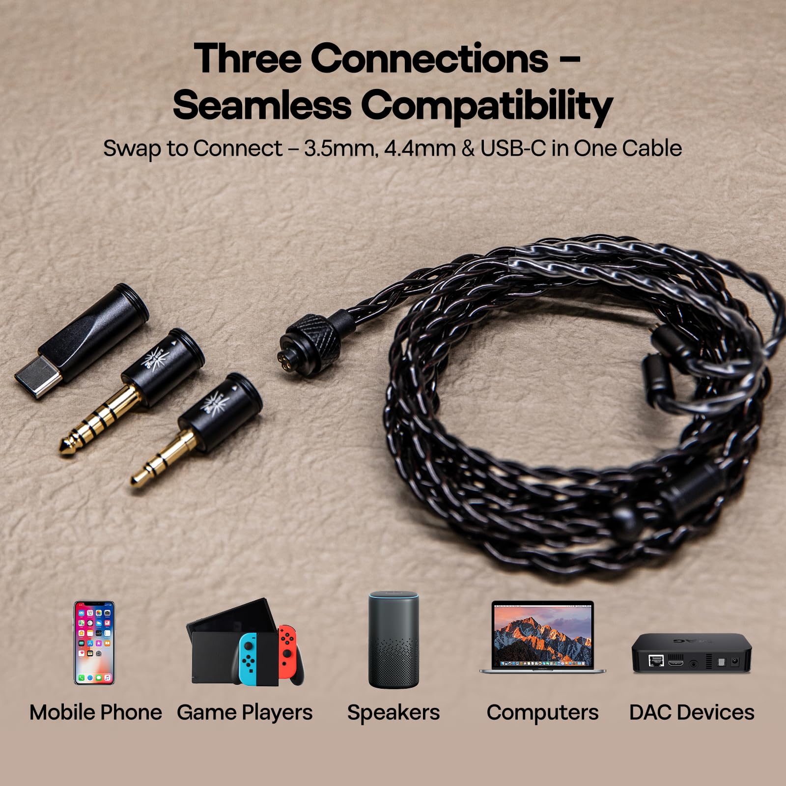 Linsoul Kiwi Ears x B_Media Terras Câble IEM 1,25 m, avec Type-C USB C/3,5 mm/4,4 mm, Câble de Moniteur Intra-auriculaire 4N en Cuivre Monocristallin Mise à Niveau HiFi pour Astral Orchestra II Arete