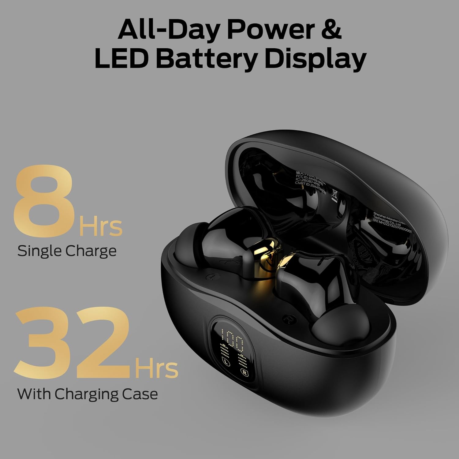 Monster N-Lite 217 Wireless Earbuds, Bluetooth 6.0 Stereo Headphones with Powerful Bass, Built-in Smart Noise Cancelling Mic for Clear Calls, Comfortable Fit, 32H Playtime, IPX5 Waterproof, Black - Image 5