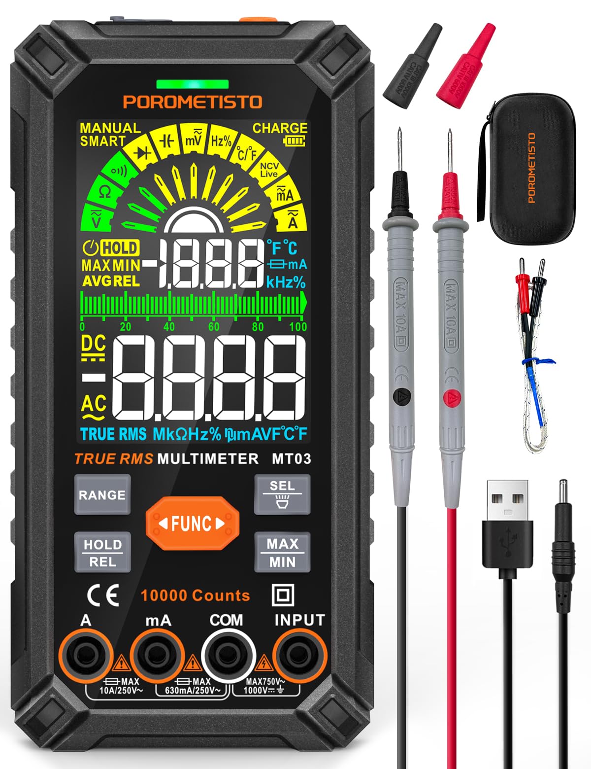 Multimetro Digitale Professionale POROMETISTO TRMS 10000 conteggi, 750V CA/ 1000V CC Ricaricabile con Auto Gamma, Misura Tensione Corrente Resistenza Continuità Capacità Frequenza Diodo TEM