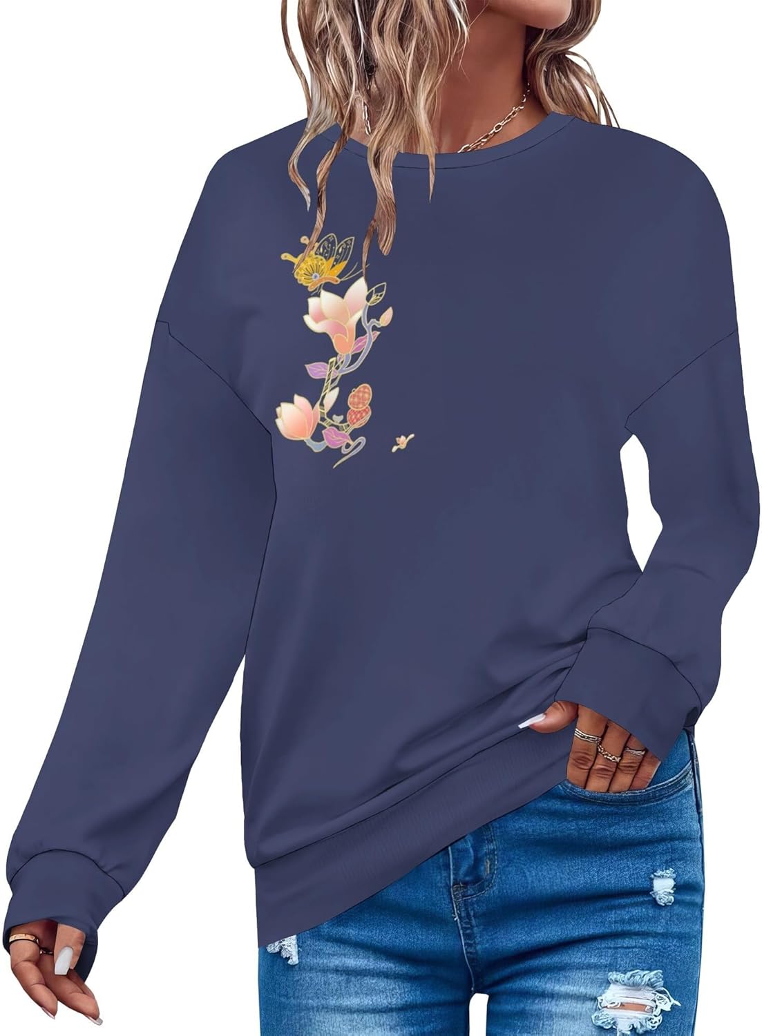 Fashion Sweatshirt Elegant Long Sleeve Crewneck Loose Fit Sweatshirts For Women Ret...