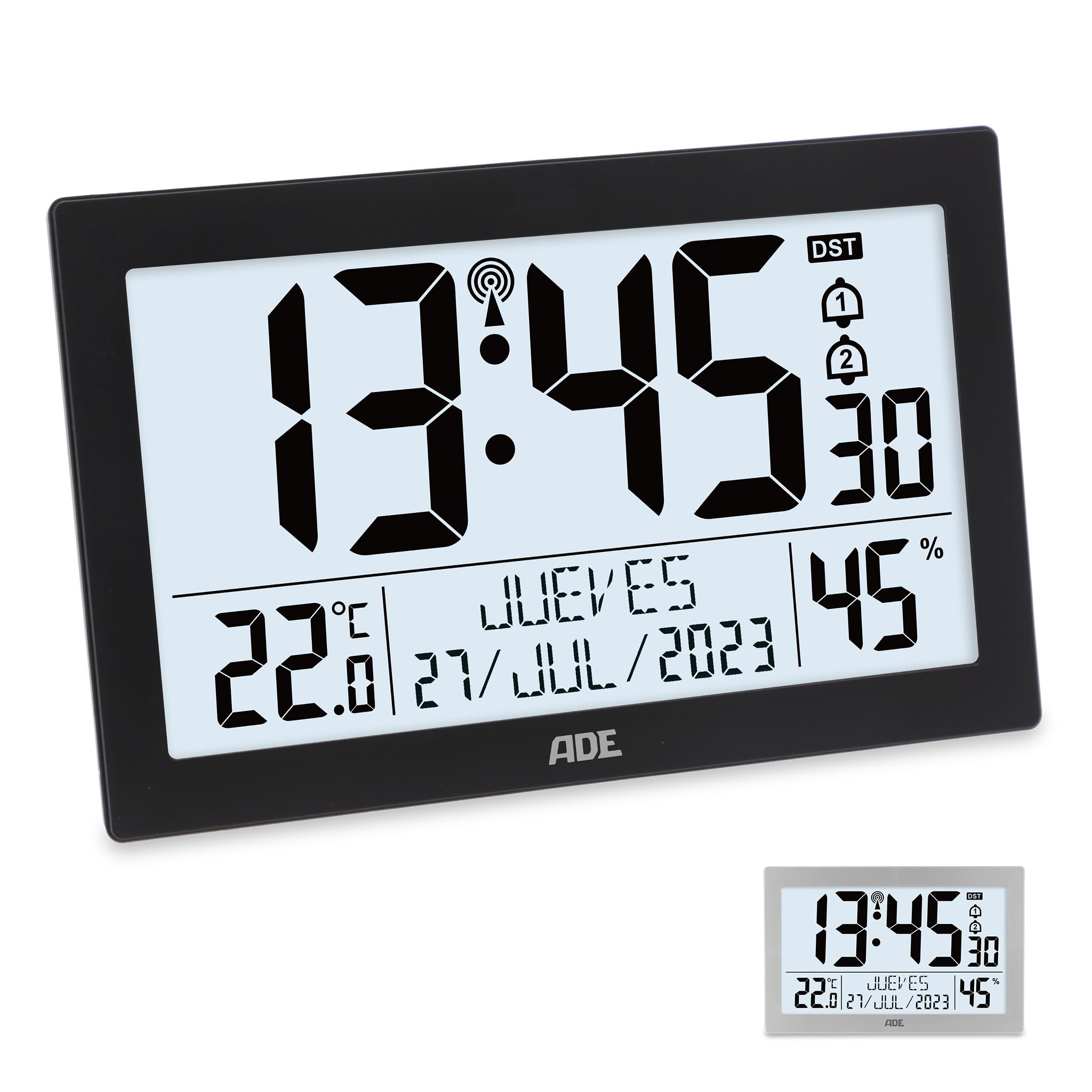 ADE Reloj meteorológico | Reloj Digital de Pared Grande | Despertador Inteligente con Temperatura y Humedad | Cocina, Salon, Dormitorio | radiocontrolado | con luz | para Mayores | con Pilas | Negro