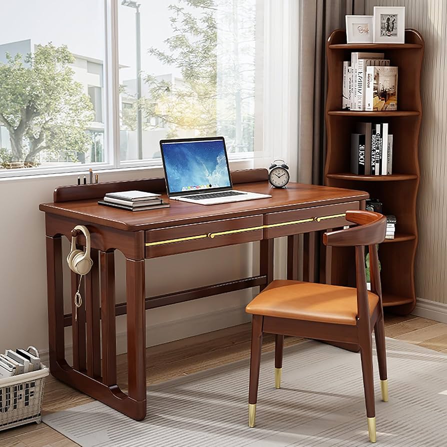 Amazon | 机、引き出し2つとフック付きの無垢材コンピューターデスク