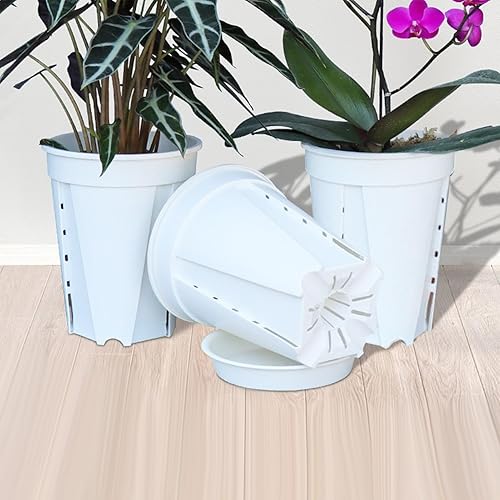 Miniatura 9 de Paquete de 5 macetas para orquídeas, macetas de orquídeas con agujeros y platillos, maceta de plástico para interiores y exteriores, maceta