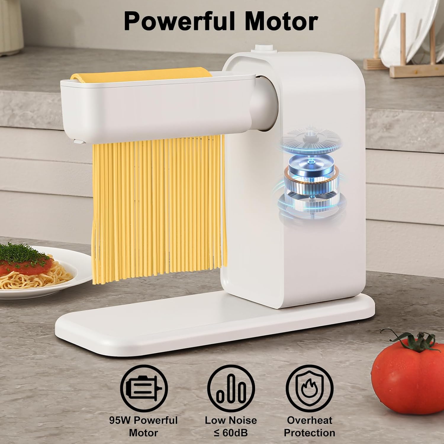 white electric pasta maker with roller feeding fresh noodles