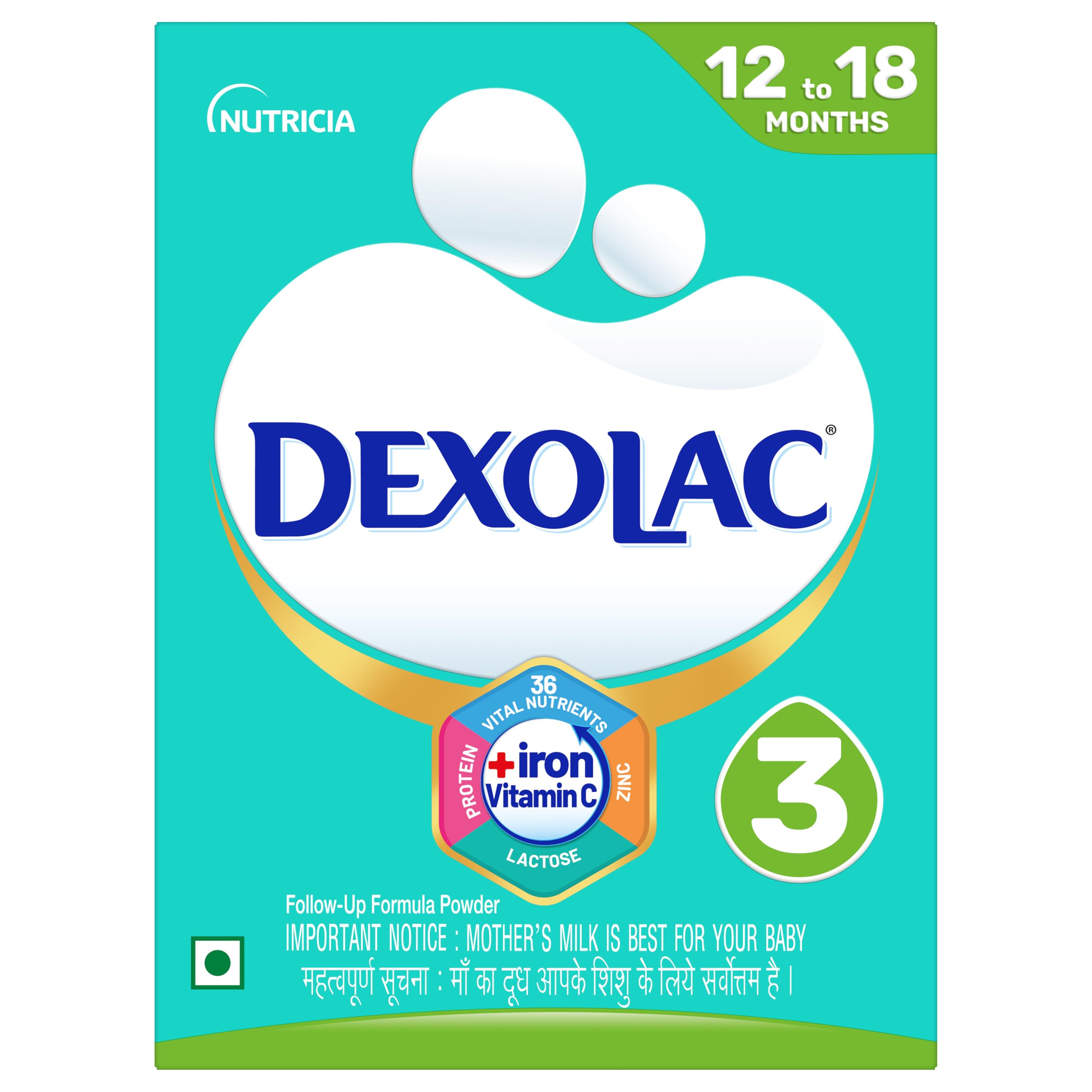 Dexolac Follow Up Infant Formula Milk Powder for Babies - Stage 3 (12 to 18 months) - with 36 Vital Nutrients - 400gms - BIB Pack