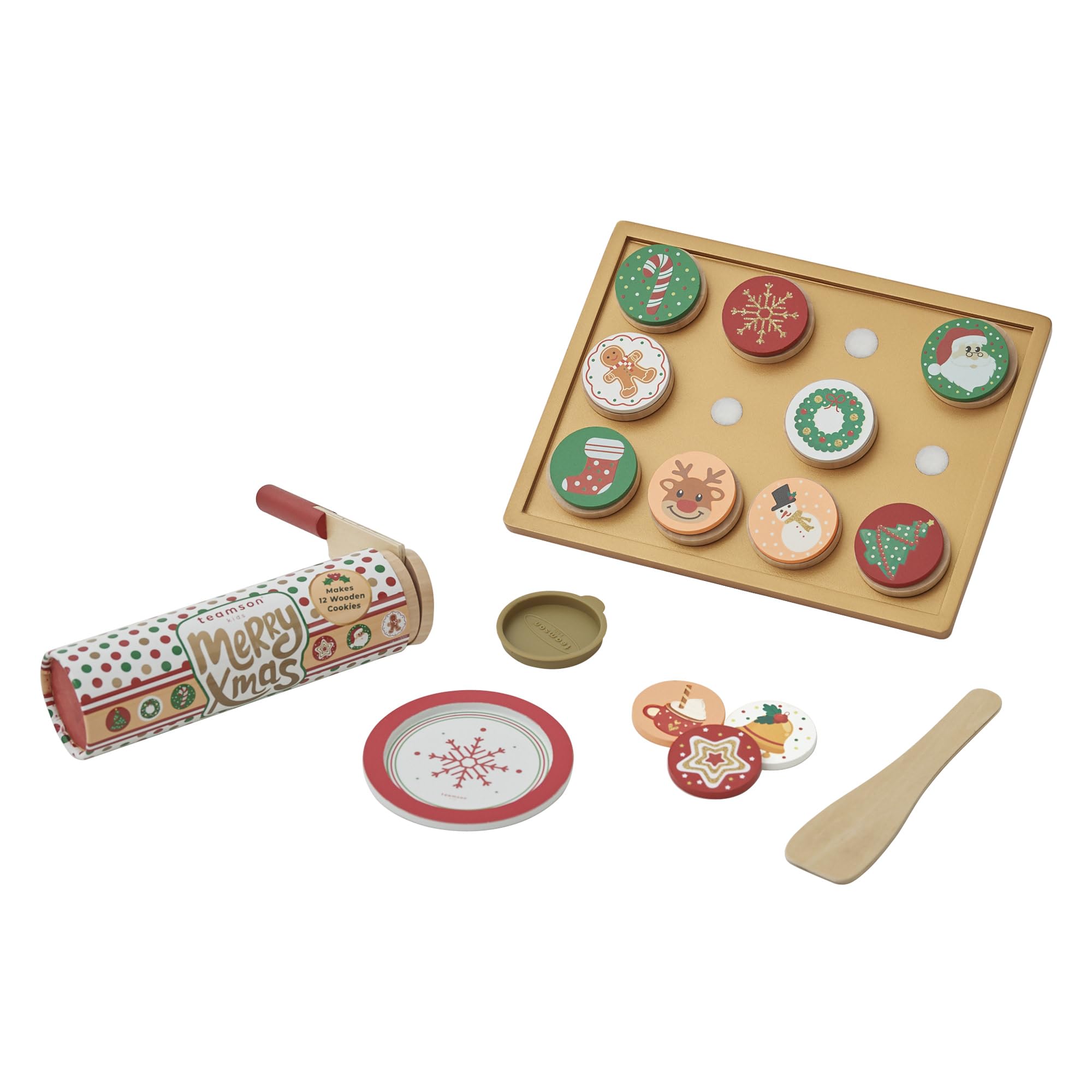 Slice and Bake Wooden Christmas Cookie Play Food Set, Pretend Cookies and Baking Sheet, Wooden Play Food Set, Red/Green/Gold, Toy Baking Set for Kids Ages 3+