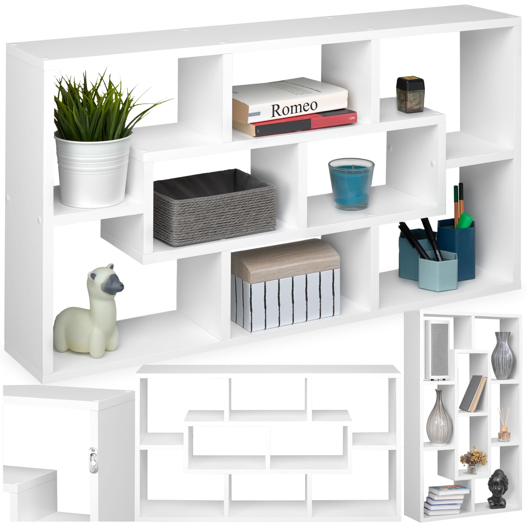 tectake® Wandregal mit 8 Fächern, Hängeregal 85 x 16 x 48 cm, Bücherregal Wand, Wanddeko Wohnzimmer Möbel, Schlafzimmer Deko, Schweberegal, Flur Möbel, Wandregal Kinderzimmer - weiß