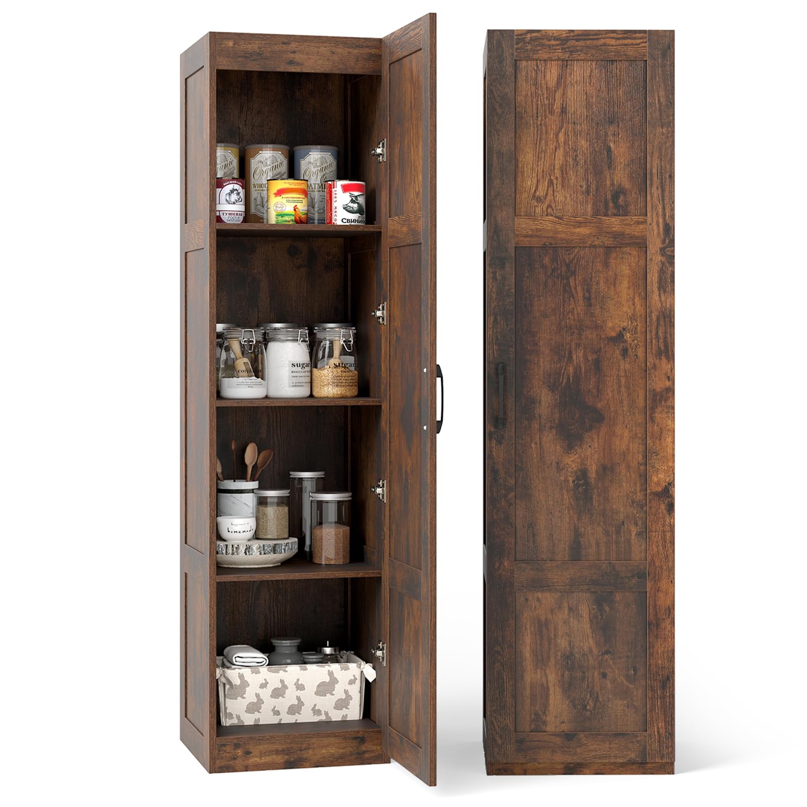 COSTWAY 150cm Tall Kitchen Cupboard, 4-tier Buffet Pantry Storage Cabinet with Anti-tipping Device, Freestanding Narrow Sideboard Organizer Unit for Dining Room Living Room (Rustic Brown)