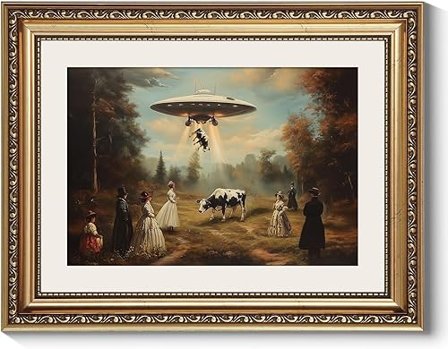 ARPEOTCY Arte de Pared Vintage con Marco Dorado, 11x14 Pulgadas Arte de Pared Divertido en Lienzo Gótico OVNI Halloween para Sala de Estar