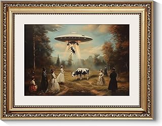 ARPEOTCY Vintage Gold Framed Wall Art Decor, 11x14 Inch Funny Gothic UFO Halloween Canvas Wall Art for Living Room Bedroom Entryway, Retro Victorian Landscape Bathroom Decor Aesthetic