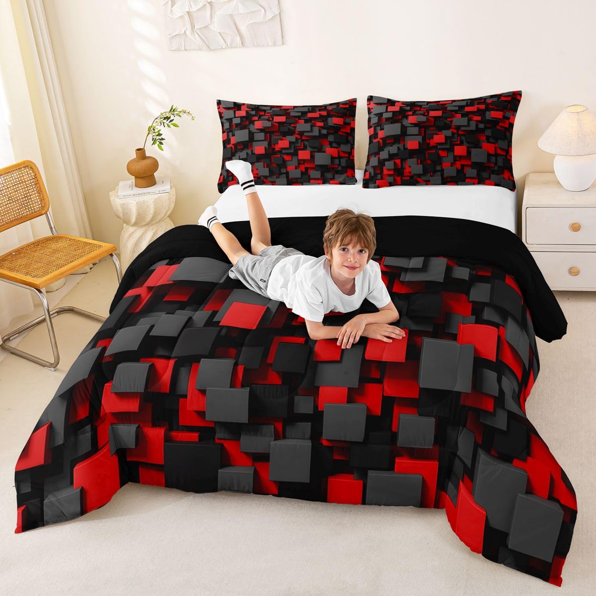Homemissing Dzieci czerwony czarny zestaw pościeli king size geometryczna kołdra kołdra dla chłopców dziewcząt nastolatków sypialnia dekoracja abstrakcyjna nowoczesna oddychająca miękka mikrofibra
