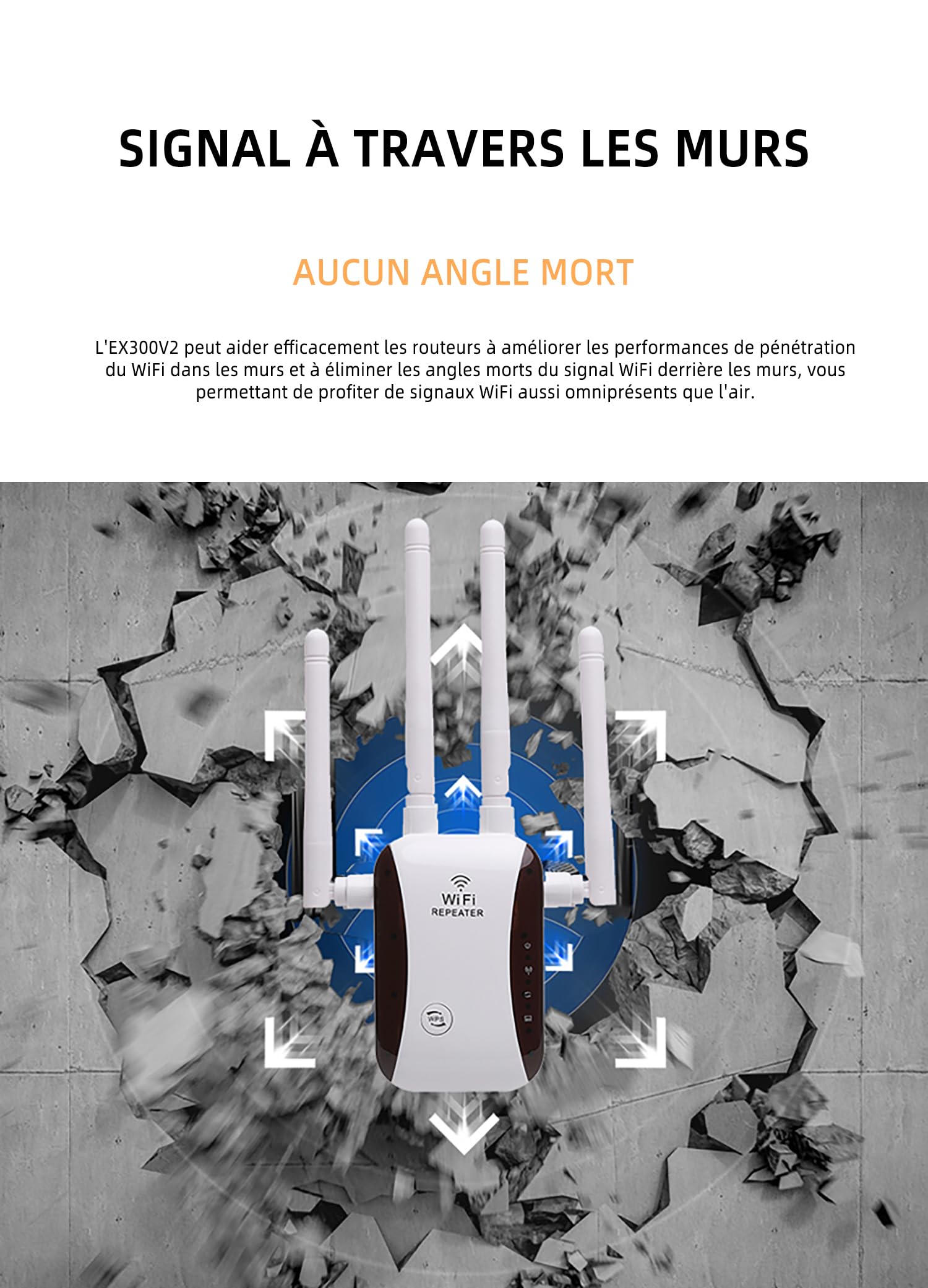 Répéteur WiFi Puissant 300Mbps, 2.4GHz Amplificateur WiFi avec WPS,Répéteur WiFi 4 Antennes, 1 Ports LAN, Compatible avec Toutes Les Box Internet, Jusqu'à 300m²| 50 appareils