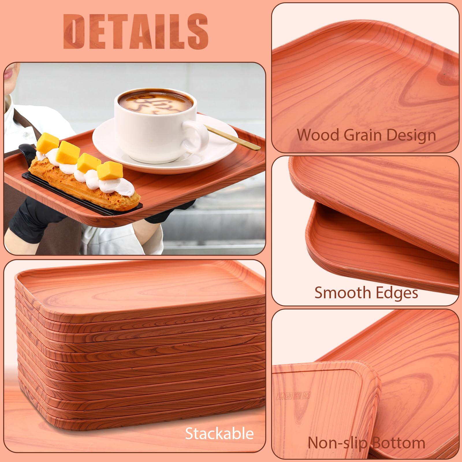Didaey 12 bandejas de plástico para servir comida rápida, bandeja de plástico con patrón de grano de madera de imitación, platos rectangulares para restaurante, cocina, fiesta, bar, cafetería,