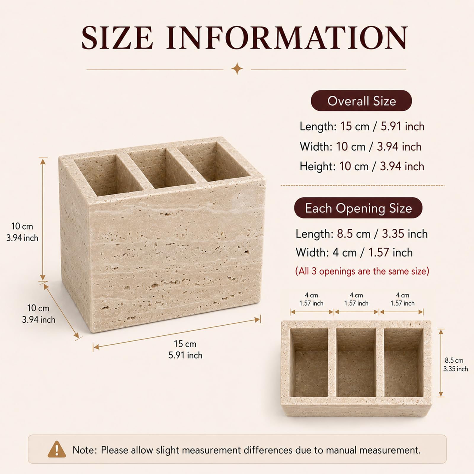 Organizer da scrivania in travertino, 3 scomparti | Per penne, pennelli da trucco, forniture per ufficio e decorazione del bancone del bagno, 15 x 10 x 10 cm