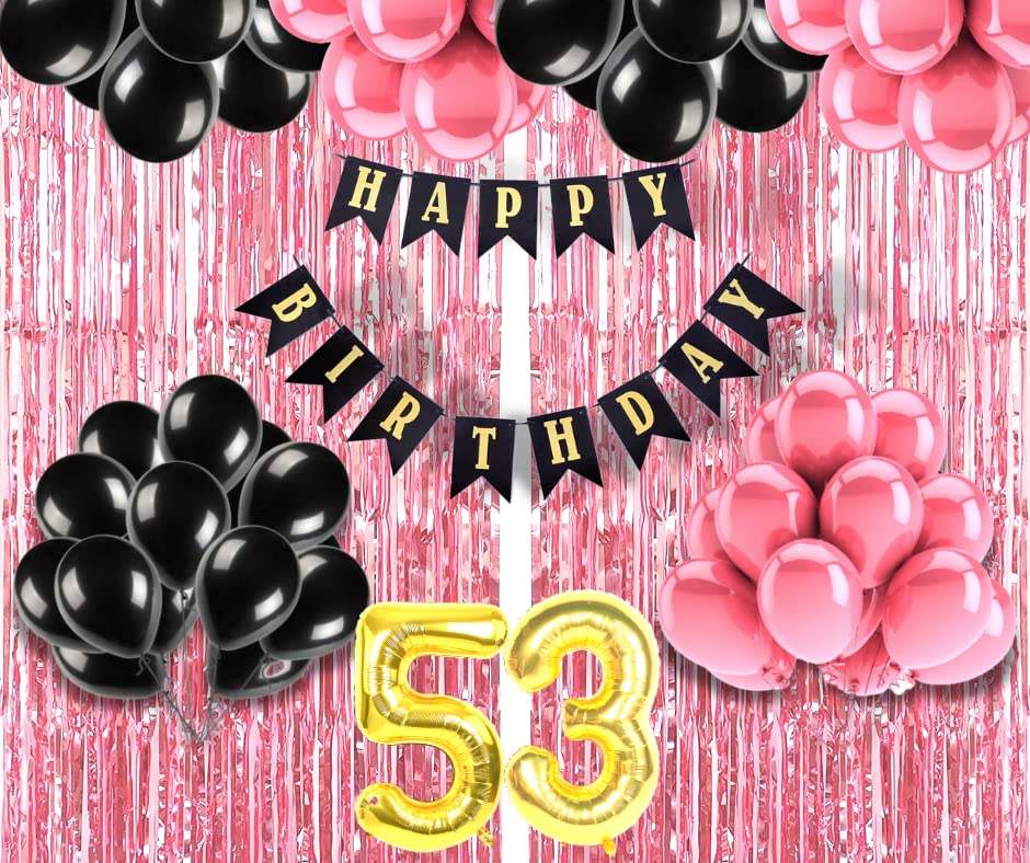 53rd Birthday Decoration items for Girls with Black and Pink Balloons, Black Happy Birthday Banner, Pink Foil Curtain, Foil Balloon number 53