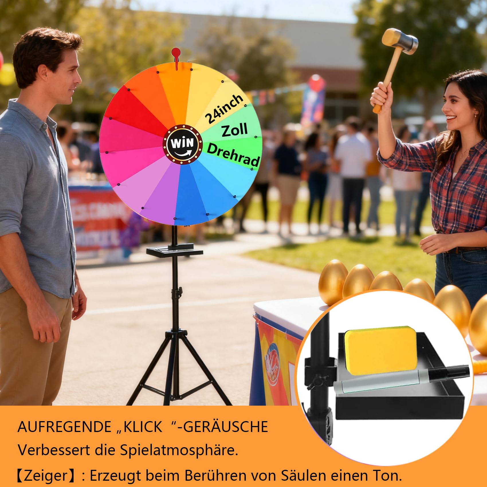 Drehbares Preisrad 61 cm, 14 Farben, verstellbar 94-165 cm, löschbares Kritzelspiel
