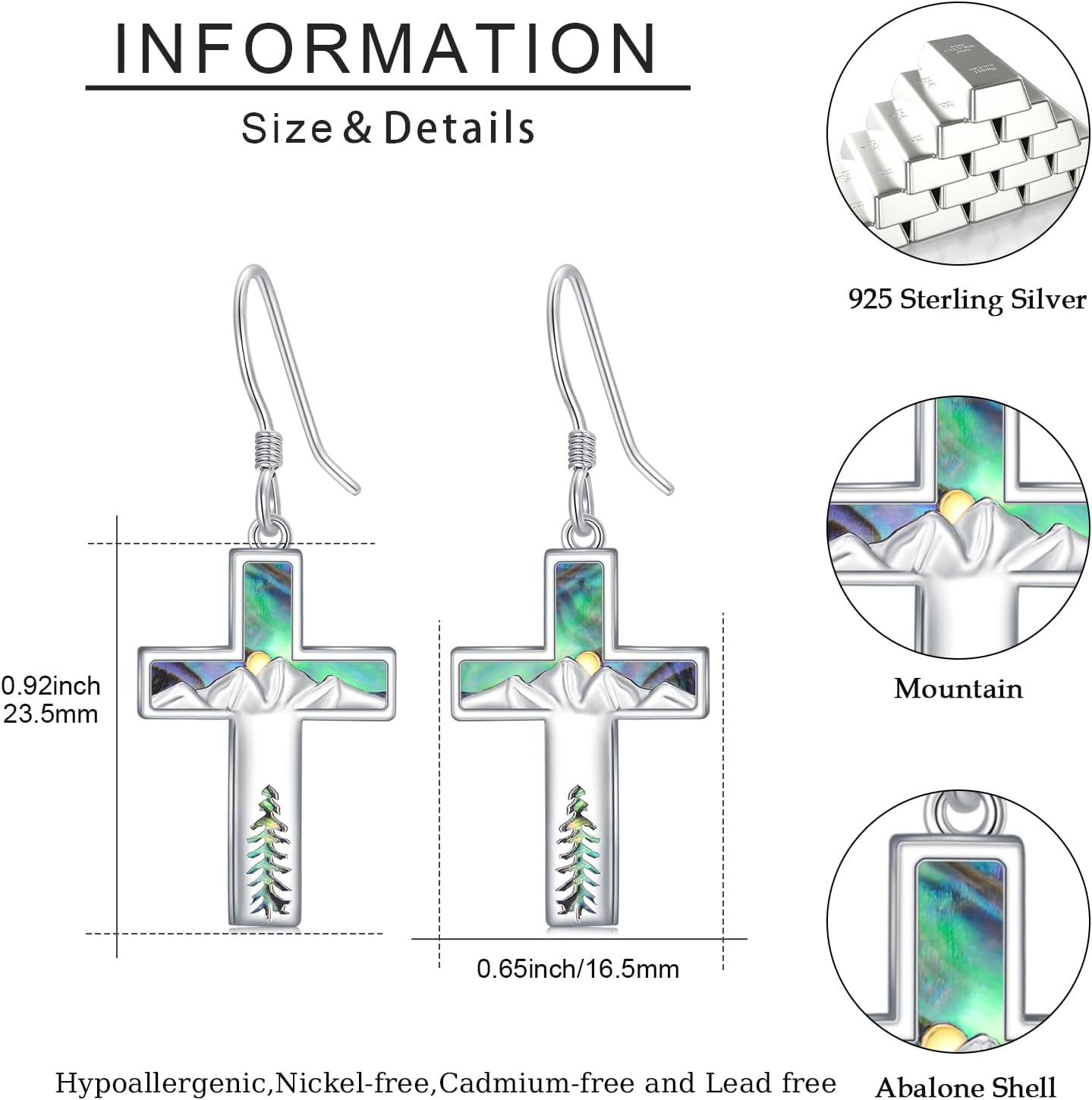 Mountain Mustard Seed Earrings for Women 925 Sterling Silver Abalone Shell Cross Dangle Drop Earring Christian Jewelry Outdoor Birthday Gifts - Image 6