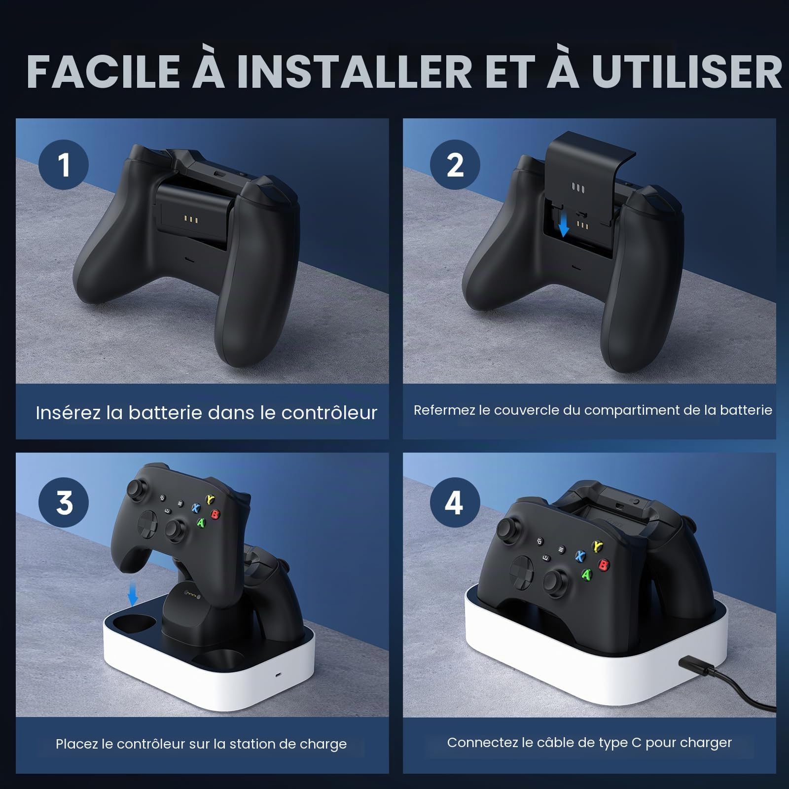 NEWDERY Station de Charge pour Manette Xbox, 2 Batteries Rechargeables 1100mAh pour Manette Xbox One/Series X|S, Station de Charge Rapide avec 4 Couvercles de Batterie Blanc